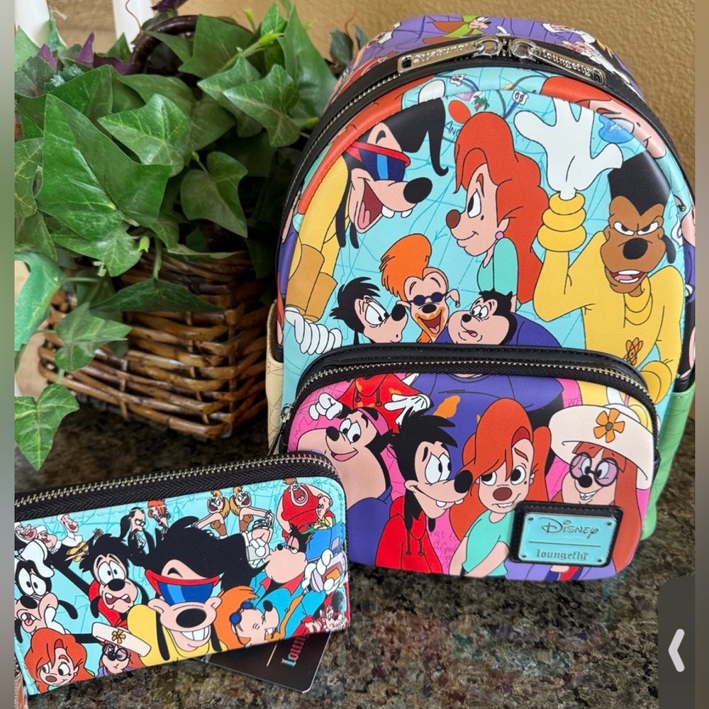 Loungefly Disney Goofy Movie Collage Mini Backpack and matching wallet NWT